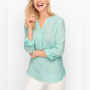 Talbots Linen Blouse Striped Teal Green White Roll Tab Sleeve Sz S Beachy Resort